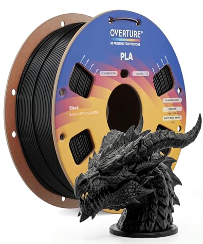OVERTURE PLA Filament 1.75mm, Neatly Wound 3D Printer Filament 1kg Spool (2.2lbs), Dimensional Accuracy +/- 0.02 mm, Fit Most FDM 3D Printers (Black 1-Pack)
