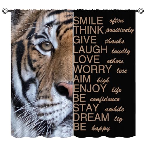 KANEPE Tiger Curtains, Inspirational Quotes Tigers Head Men Window Treatments, Rod Pocket Thermal Insulated Drapes 2 Panel Sets for Boys Bedroom Living Room Kitchen, 42