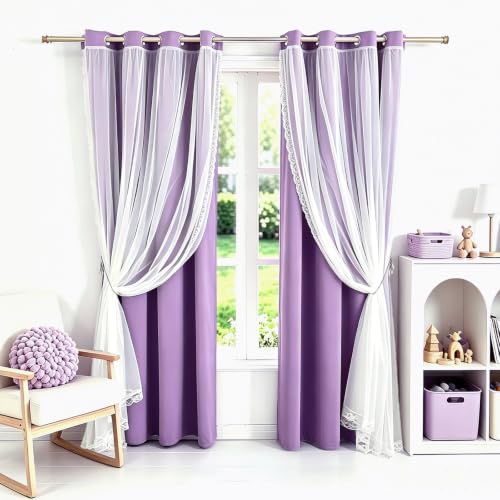 Image of 2 Panels Purple Blackout Curtains 52x84 Inches- Double Layer Lace Grommet for Bedroom, Nursery, Kids Room
