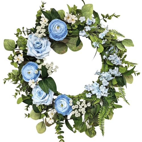 Zkieire Blue Artificial Ranunculus and Rose Wreath 20 Inch - Handmade Floral Wreaths for Front Door Wall Window Spring Summer Outdoor Indoor Decor