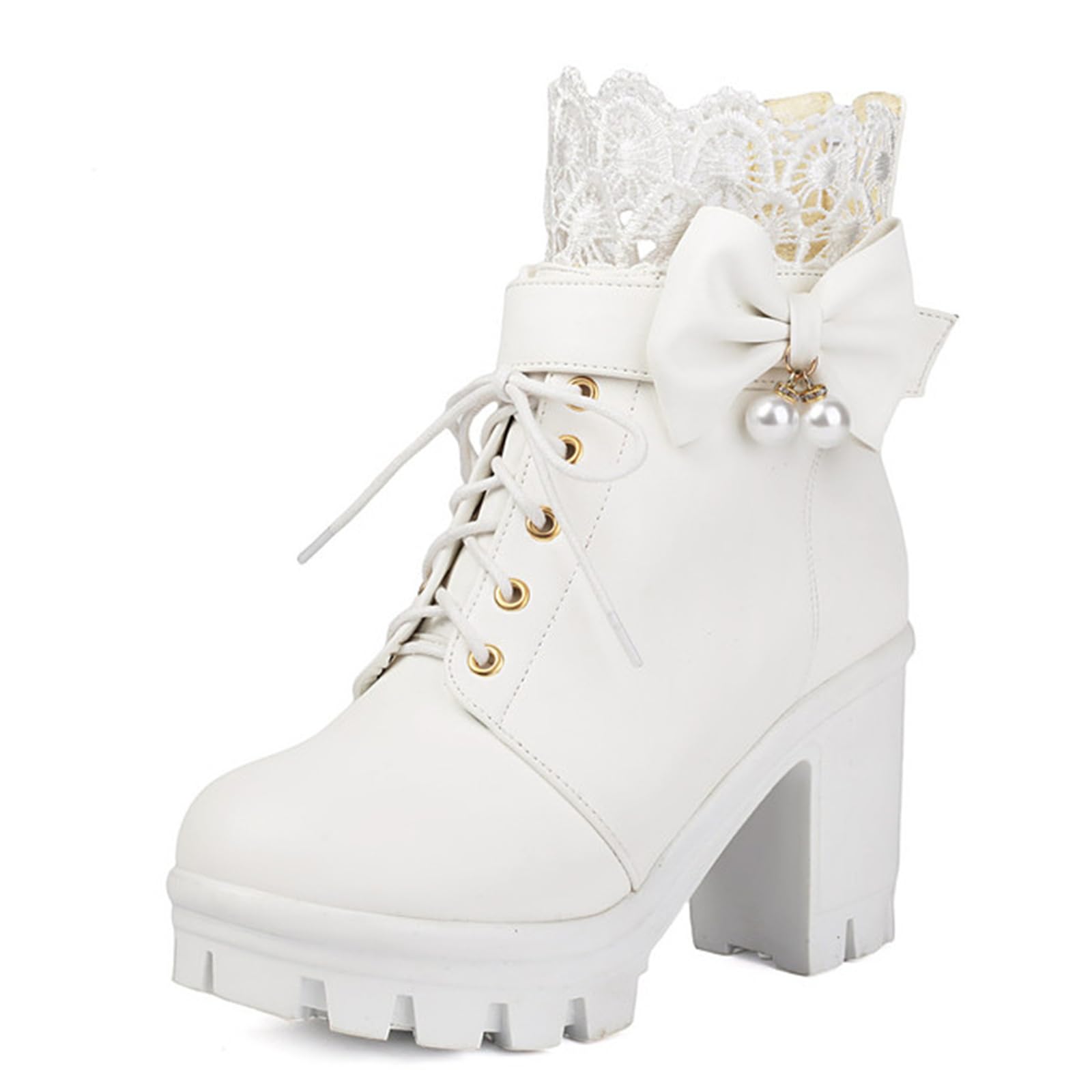 Alsoloveu Goth Boots For Women Lace Platform Ankle Boots With Bow Pearl Buckle Gothic Cosplay Booties Chunky High