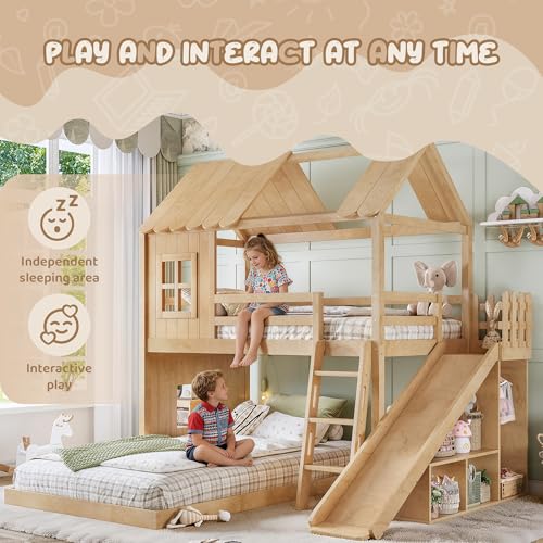 Image of Bellemave Twin Over Full House Bunk Bed with Slide and Storage Shelves for Kids,Solid Wood Floor Bunk Bed Frame with Wardrobe and Inclined Ladder for Girls Boys,Natural