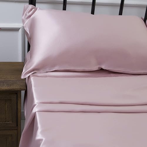 Miniatura 3 de Orose Juego de 4 sábanas de seda de 19 momme de 100% morera Charmeuse, sábanas de seda sin costuras, tamaño personalizado (rosa, Queen)