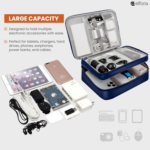Image of Elfora Cable Organizer Case | Durable Double Compartment Travel Pouch for Charger, Phone, Power Bank, Tablet, Earphones & Hard Drive | Compact Tech Accessories Storage Bag with Mesh Pockets (Blue)