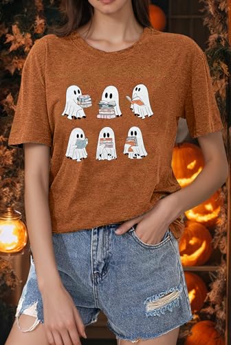 Halloween Teacher Shirts for Women Reading Books T-Shirt Funny Teacher Librarian Halloween Party Tee Tops2