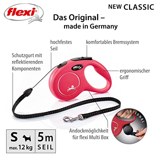 flexi® Classic S | 5m Seil Roll-Leine für kleine Hunde bis 12 kg | Rot | ausziehbare Hundeleine | Gewicht 160.4 gr | Maße 9.6 x 16.2 cm