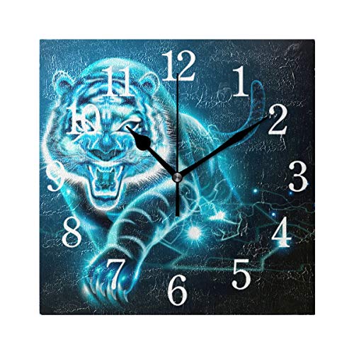 BKEOY Horloges murales vintage avec surface de peinture bleue - Motif tigre - Horloge carrée silencieuse - Sans tic-tac - Décoration d'intérieur