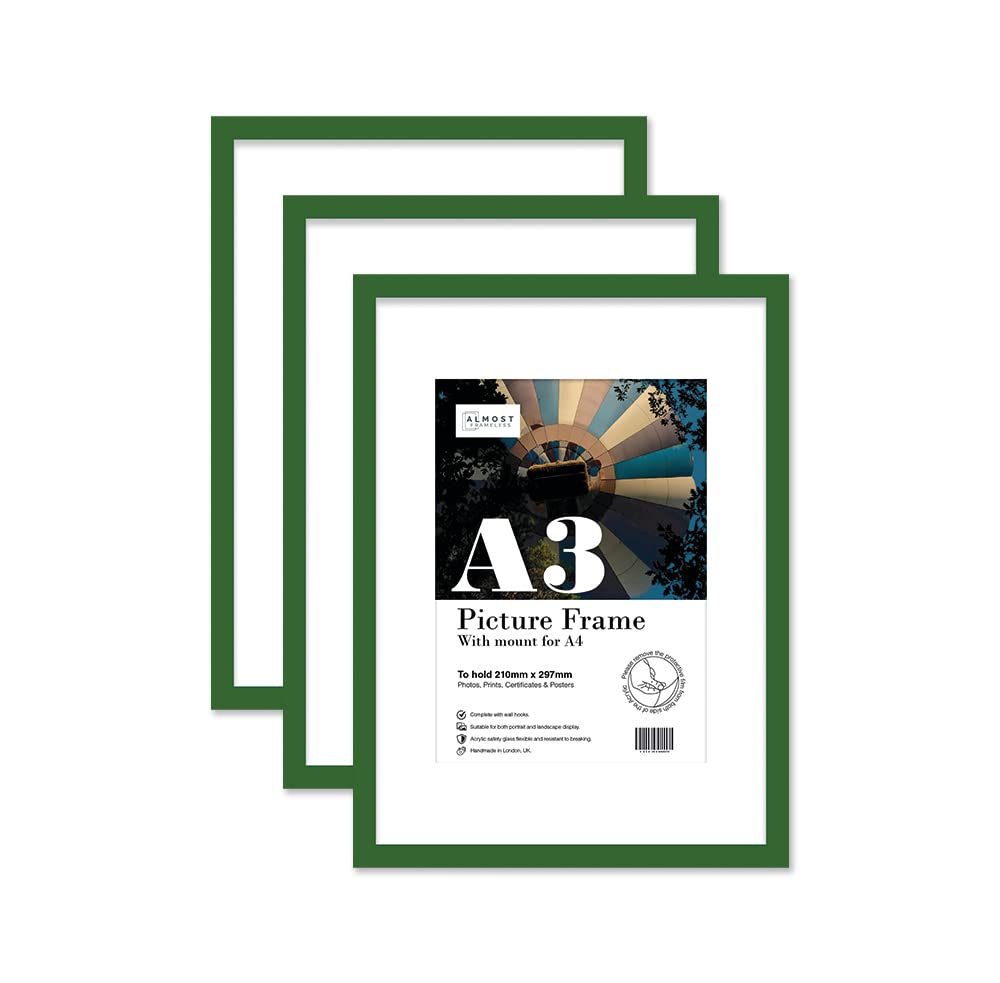 Almost Frameless A3 Green Picture Frame Set of 3, Display A4 Pictures with Mount or A5 Without Mount Gallery Wall, Poster, Photo, Artwork, or Print, Green