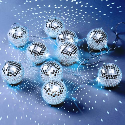 Youdepot Disco Ball Light String – 10 LED 9.84-Foot Mirror Disco Ball String Lights, Battery Powered for Party, Wedding, Christmas, Holiday, Classroom Decor (Silver White, 1.57 Inch)