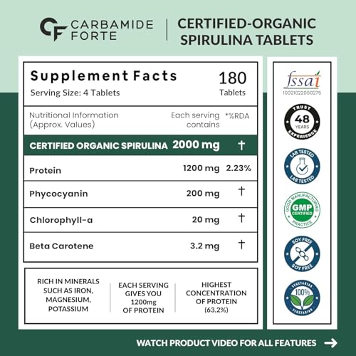 Image of Carbamide Forte 100% Organic Spirulina Tablets 2000 mg Per Serving - Spirulina Powder Organic Tablets | Supports Energy, Immunity & Detox | Certified Spirulina Tablet - 180 Tablets