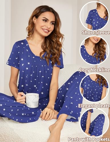 Ekouaer Pajama Set for Women 2 Piece Sleepwear Short Sleeve Pleated Top and Long Pants Soft Pjs Loungewear with Pockets4