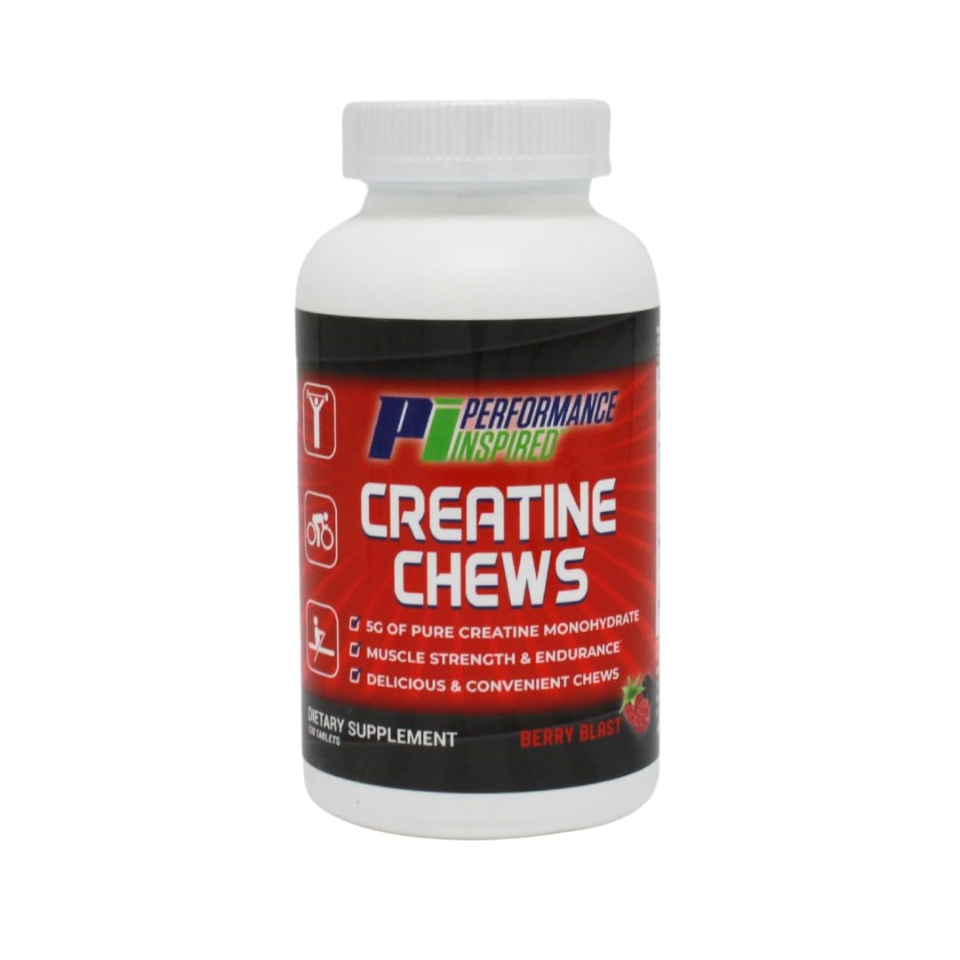 PERFORMANCE INSPIRED Nutrition Creatine Chew – 5g Creatine Monohydrate – Supports Muscle Growth & Recovery – Berry Blast Flavor – 120 Count