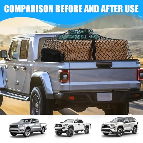 Hochelastisches Gepäcknetz 120x120cm (Max. 210x210cm Dehnbar), LKW-Bett-Organizer mit 6 Stahlkarabinern für Große SUVs Transporter Busse Vans • Ladungssicherung Einlagige(Einlagig)
