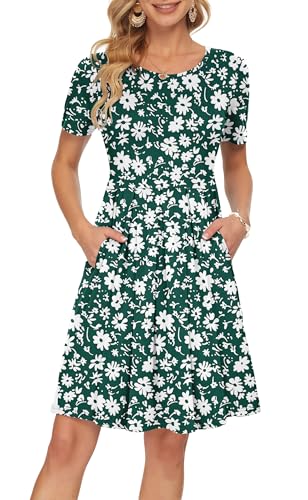 AUSELILY Damen Kurzarm Plissee Loose Swing Freizeitkleid mit knielangen Taschen Grüne Blumen L