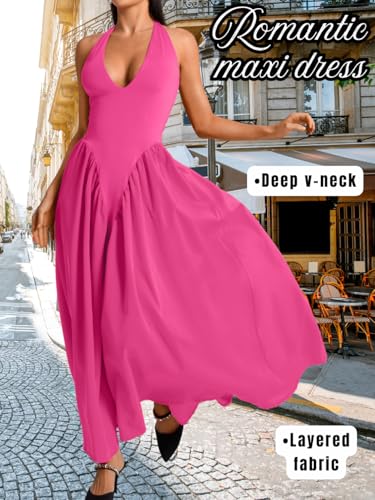 Image of ChiaoLezhee Deep V Neck Dress, Halter Maxi Dresses, Vacation Date Night, Sexy for Women Corset Flowy Wedding Guest Drop Waist