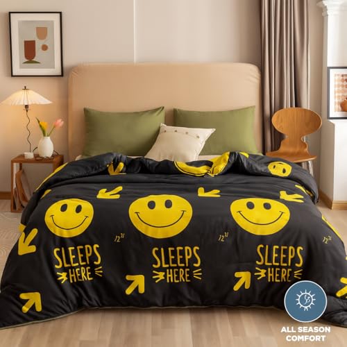 Image of 200 GSM 400 TC Kids Glace Cotton Reversible Cartoon Printed Double Bed King Size Comforter with Matching Bedsheet 90 * 100 with 2 Pillow Covers Set of 4 Pieces (Black Smile)
