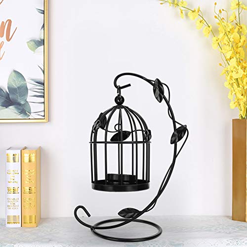 Bird Cage Tea Light Candle Holder, Hanging Hollow Candlestick with Rack, Metal Tabletop Centerpiece Candle Stands, for Wedding Party Decor (Black)