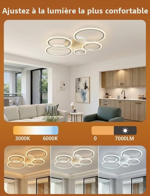Plafonnier LED Salon 100cm Lustre Moderne 5 Anneaux 72W Dimmable (3000K-6500K) avec Télécommande et Minuterie Lampe de Plafond Or pour Chambre Salle à Manger