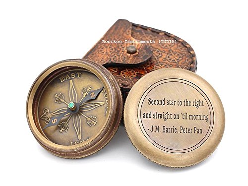 Roorkee Instruments (India) Zirkel aus massivem Messing, zweiter Stern nach rechts, Zitat von J. M. Barrie, mit Lederetui