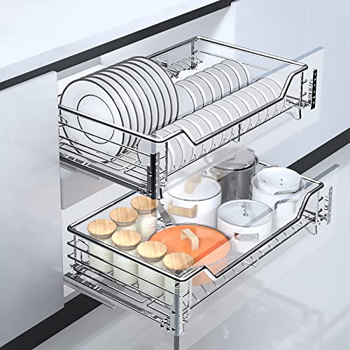 Kitchen Organizer Kitchen Organizer Under Cabinet Storage for Kitchen 304 Stainless Steel Dish Rack Slide Out Cabinet Organizer Drawer/Door Opening Type 2 Tier Heavy Duty Wire Basket Pull Out Organize