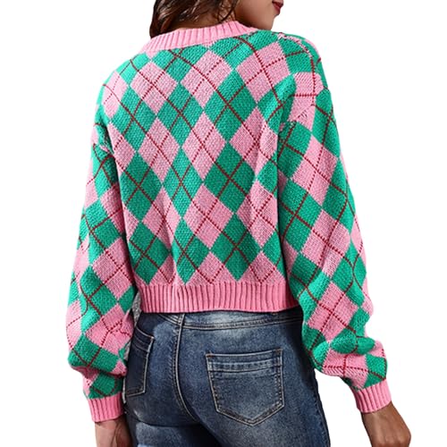 Image of Wowcarbazole Women's Knit Cardigan Sweaters Long Sleeve Argyle Open Front Button Down V Neck Cropped Coats Casual Trendy Tops(Pink Green-L)