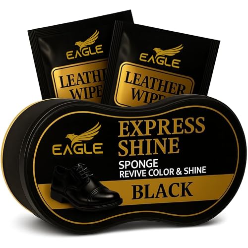 Eagle Black Shoe Shine Sponge Instant Shine Sponge for Leather Shoes & Boots | Quick Shoe Polisher & Leather Shine Applicator with 2 Cleaning Wipes | No Buffing Needed