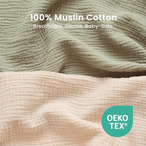 Image of Konssy 2 Pack Muslin Bassinet Sheets for Boys, Girls, 100% Cotton Soft Breathable Fitted Bassinet Mattress Sheet, 33 x 21 inches (Fog Green,Cream)