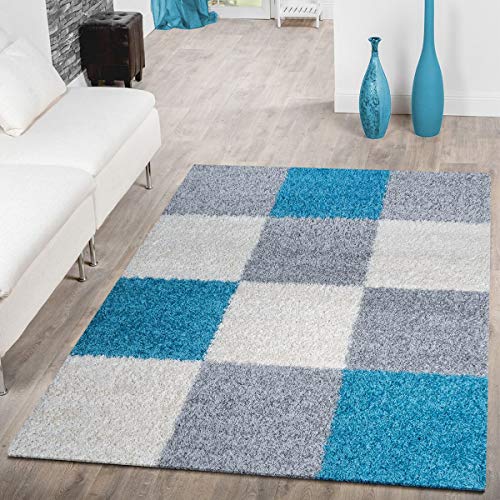 T&T Design Alfombra Moderna Pelo Largo Motivo De Cuadros Shaggy Borlas Gris Blanco Turquesa, Größe:70x140 cm