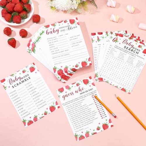 Image of Jetec 302 Pcs Strawberry Theme Baby Shower Games, 6 Games, 50 Sheets Each, Baby Shower, Word Scramble, Word Search, Predictions and Advice, The Price is Right