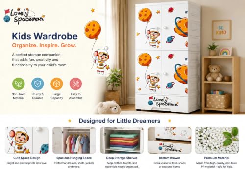 Image of Kids Plastic Wardrobe for Clothes Storage | Baby Cupboard & Almirah with Hanging Rod & Shelves | Portable Collapsible Storage Cabinet for Bedroom | Cartoon Kids Wardrobe