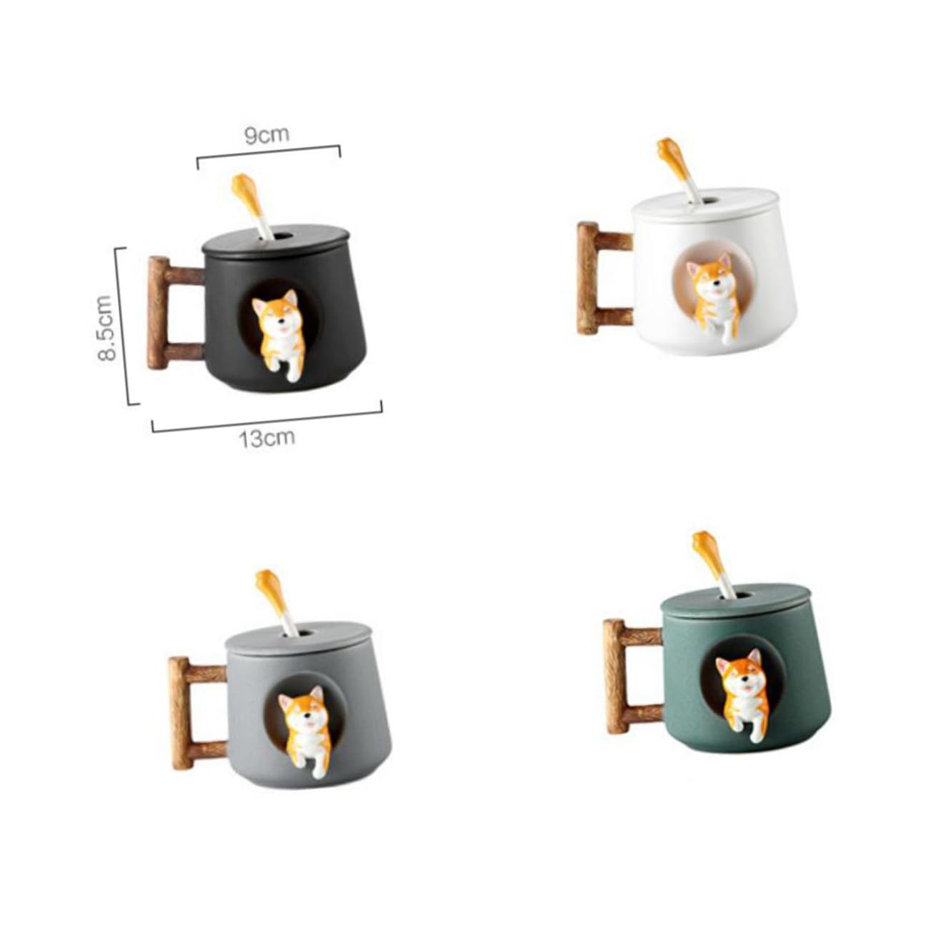 Keramik Dog Mug mit Deckel und Löffel Kreative Lustige Tasse Schwarze Shiba Inu Tasse für Kaffee Tee Saft Sicher und Leicht zu Reinigen für Zuhause und Büro