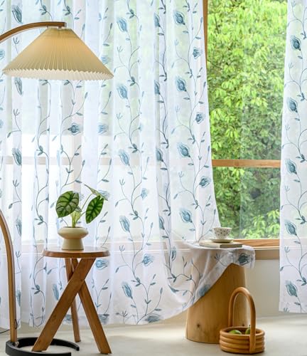Image of Blue Sheer Curtains 84 Inches Long, Floral Embroidered Rod Pocket Sheer Drapes for Living room, Bedroom, 2 Panels, 52 inchx 84 inch, Semi Crinkle Voile Window Treatments for Yard, Patio, Villa, Parlor .
