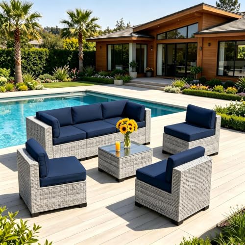 Image of 7 Piece Patio Furniture Set, Rattan Outdoor Patio Conversation Sets, Outdoor Sectional Furniture with Thickened Cushion and Coffee Table, for Deck, Backyard, Garden, Off-White & Dark Blue
