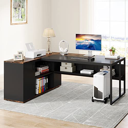 Image of Tribesigns 71 inch Executive Desk, L Shaped Desk with Cabinet Storage, Executive Office Desk with Shelves, Business Furniture Workstation for Home Office, Brown and Black