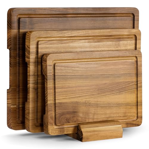 Teak Wood Cutting Board Set, 3-Piece Wooden Cutting Board with Stand for Kitchen, Chopping Board Butcher Block with Juice Groove for Meat, Vegetables, Bread and Cheese
