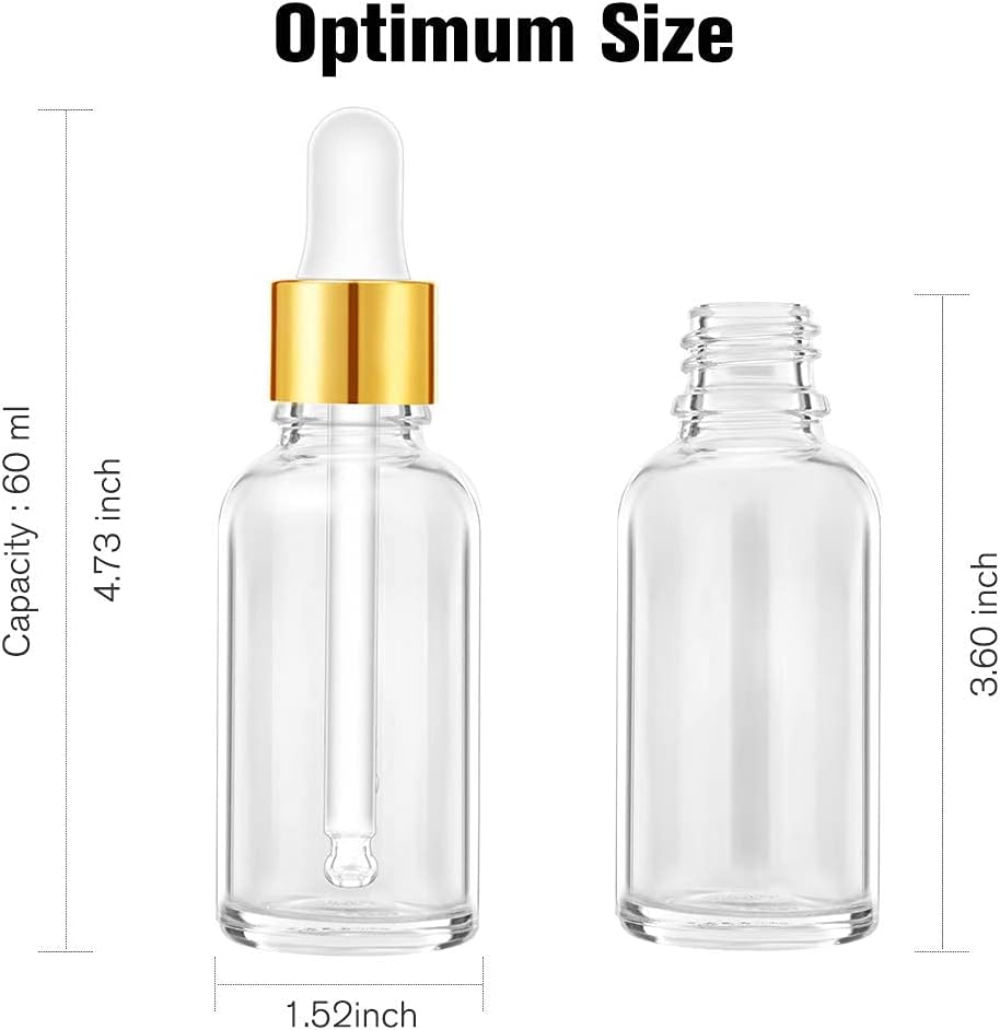 PrettyCare Clear Eye Dropper Bottles 1 OZ and 2 OZ Clear Class Bottles with Golden Caps Empty Boston Bottles for Essential Oils, Hair Oils, Vitamin C, Perfume