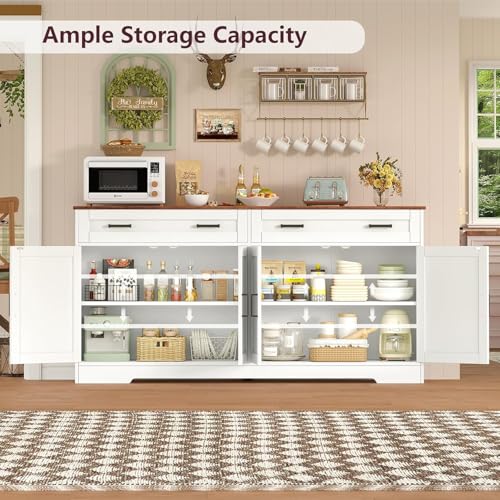 usikey Buffet Cabinet with Storage and Drawers, 55\" Large Sideboard Buffet Cabinet with Adjustable Shelves and Doors, Modern Coffee Bar for Kitchen, Living Room, White