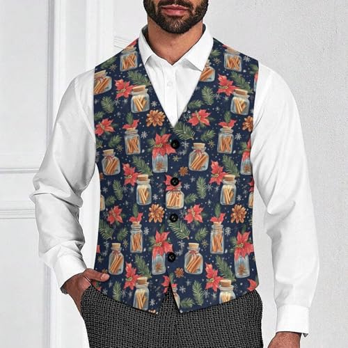 Vintage Glass Jars Christmas Suit Vest for Men Slim Fit Tuxedo Waistcoat Button Down V Neck Business Dress Coat4