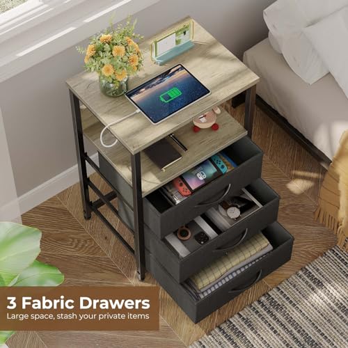 Seventable Nightstand with Charging Station and LED Light, Set of 2 Side Table with 3 Fabric Drawers, Bedside End Table with USB Ports and Outlets, Night Stand for Bedroom, Greige