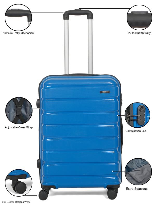 Image of Teakwood Medium Cabin Size 8 Wheels Trolley Bag, Hard Cabin with Zipper Closure, Adjustable Push Button & Cross Side Strap, TSA Lock System 360 Degree (Medium, Royal Blue)