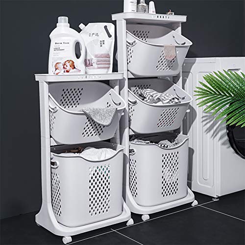 Multipurpose Sorter Basket ,3-Tier Laundry Basket With Wheel Rolling Laundry Sorter Hamper For Kitchen Bedroom Baedroom Bathroom ,Tier Basket Stand With 6 Side Hooks Storage Shelf #TOP4