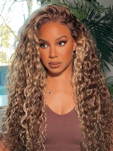 Beauty Forever Honey Blonde Highlight Water Wave Glueless Wig Human Hair,7x5 Lace Front No Slip Drawstring Wig,Pre Plucked Pre Cut HD Lace,Put On and Go,150% Density Beginner Friendly 16inch