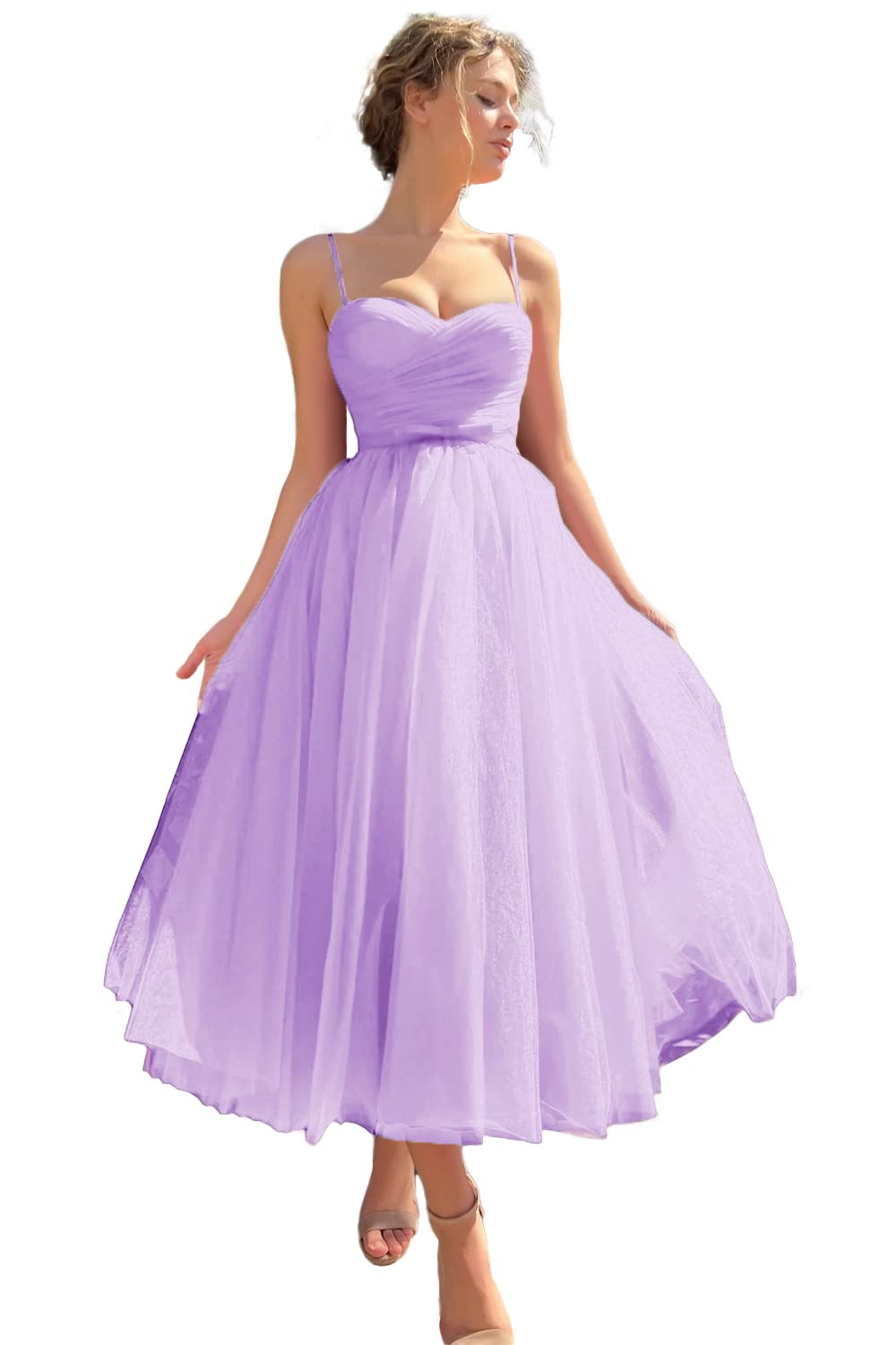 Sevintage Spaghetti Straps Tulle Prom Dress Tea Length Formal Party Evening Dress with Pockets