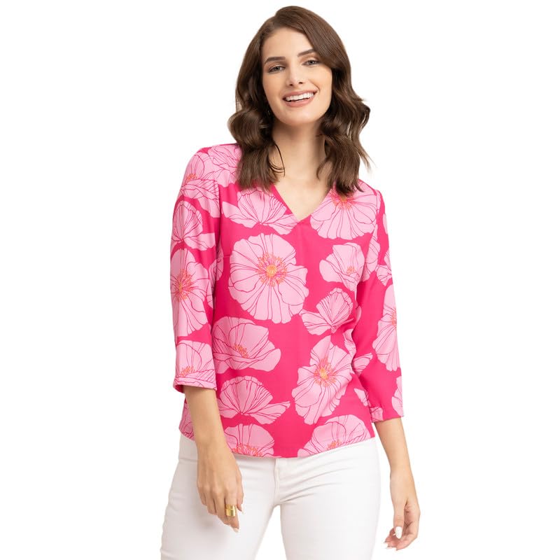 Image of FableStreet Women Formal & Casual Top | Elegant V-Neck Three-Quarter Sleeves Floral Print | Lightweight Smooth Fabric for Office Wear & Daytime Outings
