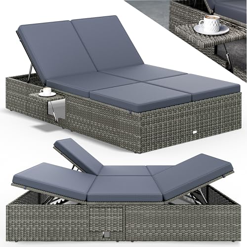 Casaria® Bain de Soleil Double en Polyrotin Gris avec Coussins Anthracite Salon de Jardin Exterieur Design pour Terrasse ou Piscine Hors Sol et Salon de...