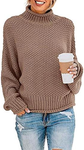 ZESICA Women's 2023 Turtleneck Batwing Sleeve Loose Oversized Chunky Knitted Pullover Sweater Jumper Tops,Khaki,Small