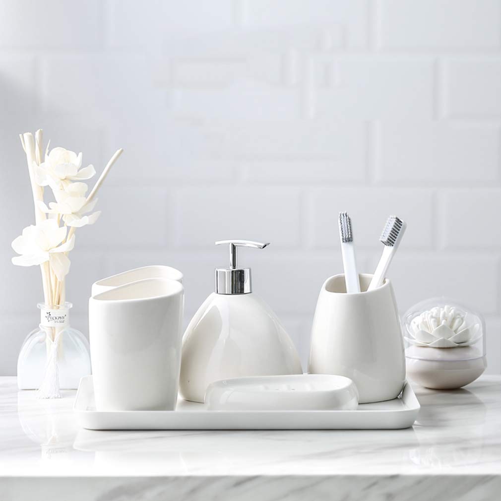 7-Piece Ceramica Set Accessori da Bagno, Bagno privato Europeo Accessori Set con Vassoio, Decorativo di Accessori da Bagno Kit, comprende spazzolino Cup, Dosatore di Sapone, Portasapone,B