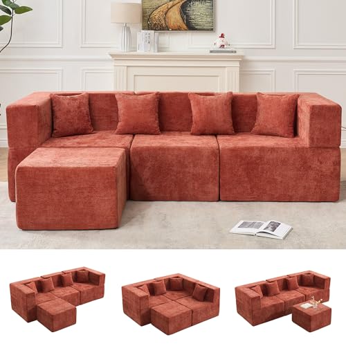 Image of MONVANE 103'' Modular Sectional Sofa, Cloud Sectional Couch with Ottoman, Convertible Chenille L Shaped Couch with Deep Seat, Sectional Couches for Living Room Bedroom, No Assembly Required, Rust Red
