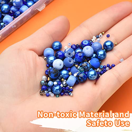 Image of Beads for Bracelet Making Kit, Sapphire Blue Color Include 8mm Assorted Round Glass Beads, 4mm Bicone Crystal Beads, 3-4mm Seed Beads for Jewelry Making, DIY Craft