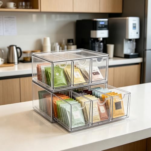 Image of Prsildan Tea Bag Organizer K Cup Holder Drawer Coffee Pods Storage, 2 Pack | Clear Acrylic, Stackable, Pull Out, For Kitchen Office Craft Art Supplies Hair Accessories Makeup Small Items